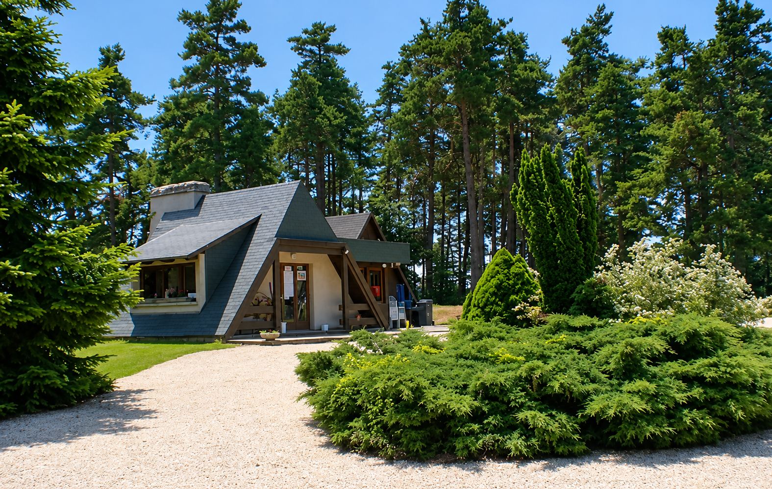Un petit bâtiment au toit vert foncé se tient au fond d'une allée de gravier, entouré de grands pins et de buissons.